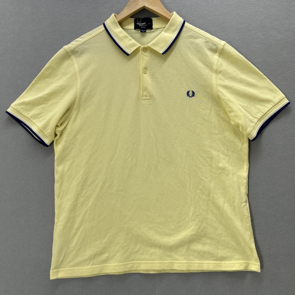 Fred Perry Short Sleeve Yellow Cotton Polo Shirt Men XL Slim Fit Twin Tipped